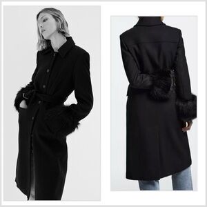 ZARA Manteco Wool Blend Black Coat Faux Fur Cuffs Belted Jacket Size Small